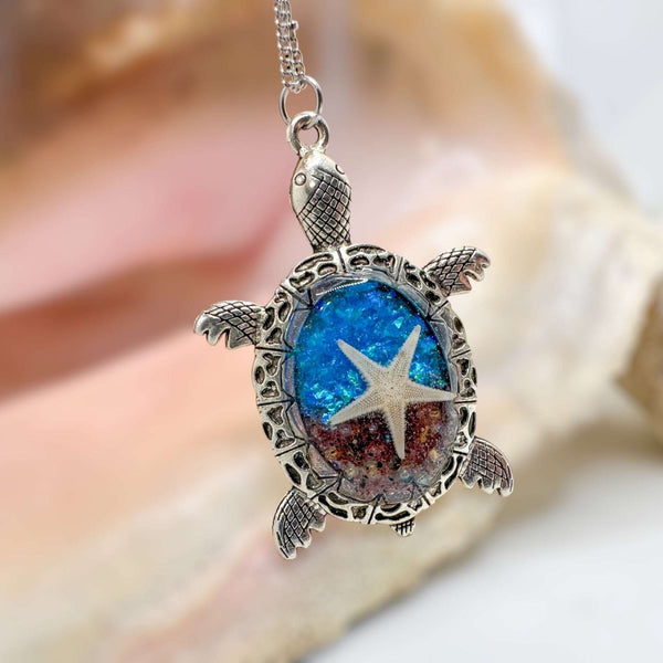 Oceanic Elegance: Turtle-Inspired Pendants with Real Seashells & Sand