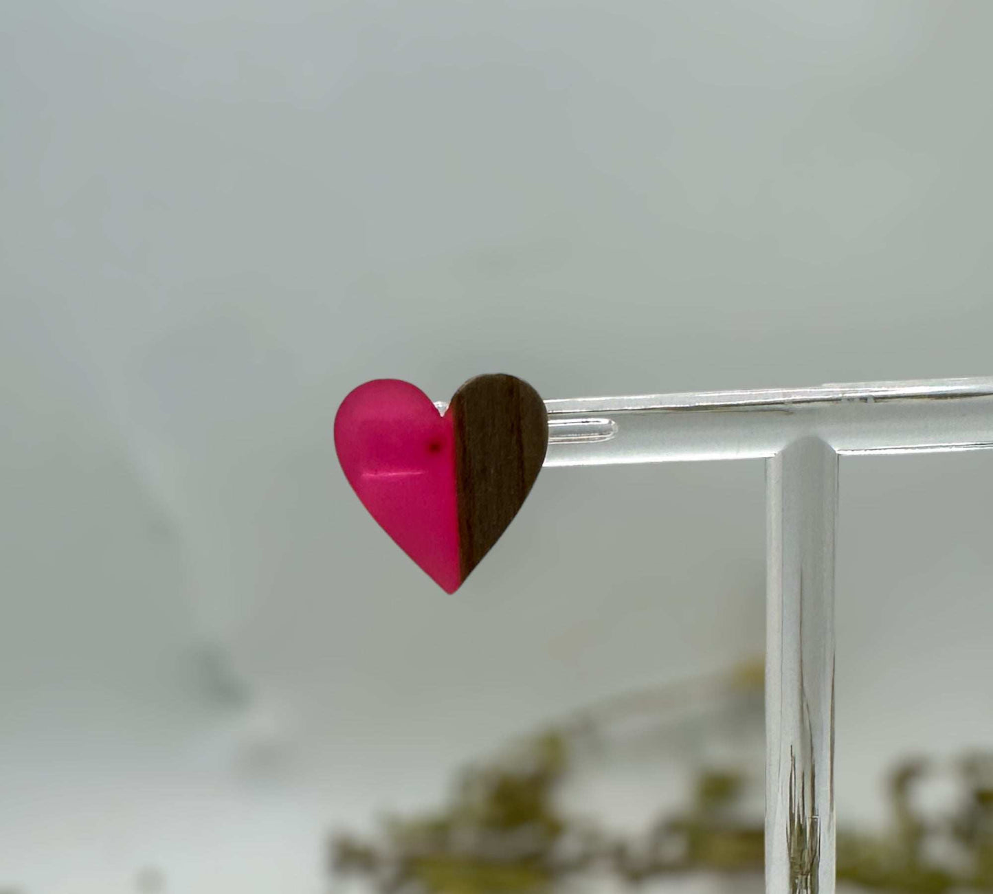Heartfelt Boho Bliss: Whimsical Wood and Pink Resin Heart Earrings