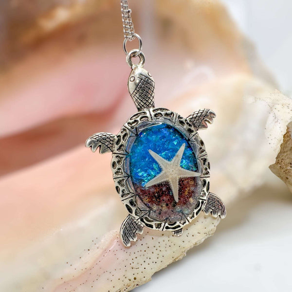 Oceanic Elegance: Turtle-Inspired Pendants with Real Seashells & Sand