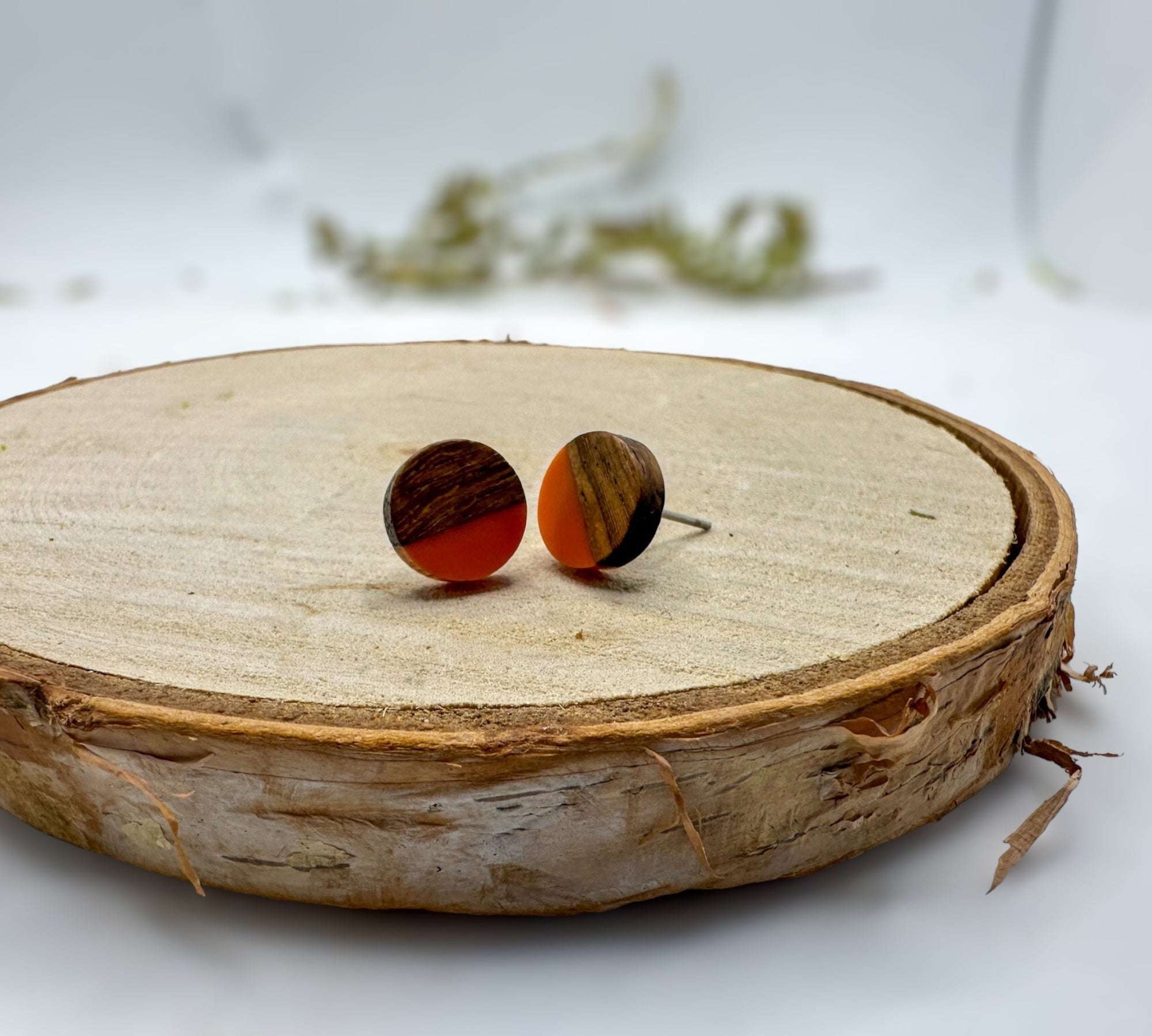 Boho Wood & Resin Stud Earring Set - Brown/Orange /Red Tones