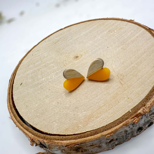 Heartfelt Boho Bliss: Whimsical Wood & Yellow Resin Heart Earrings
