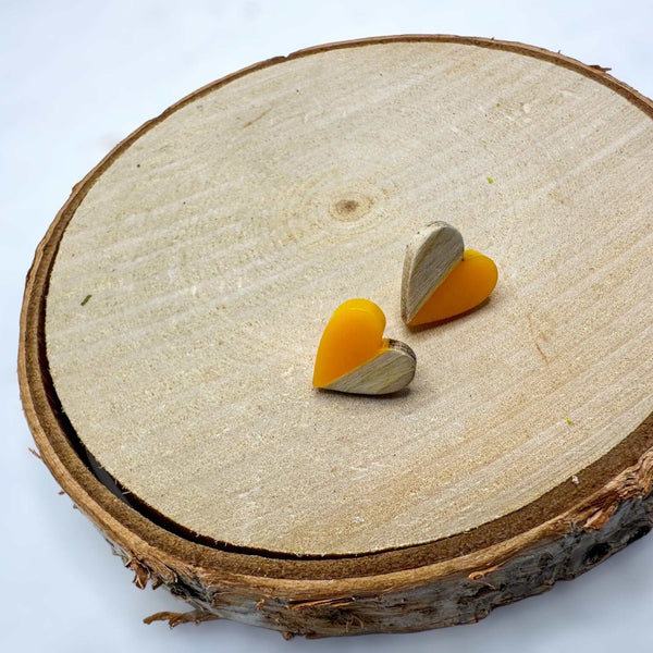 Heartfelt Boho Bliss: Whimsical Wood & Yellow Resin Heart Earrings
