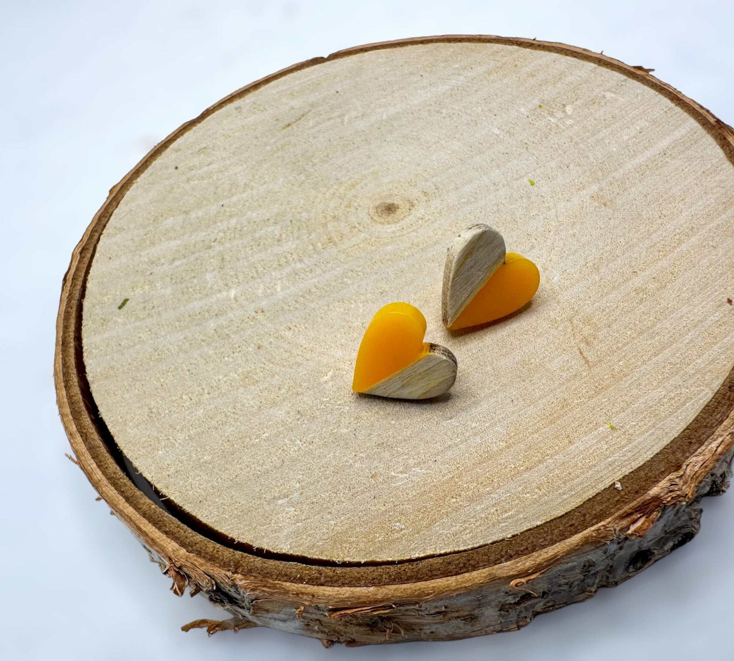 Heartfelt Boho Bliss: Whimsical Wood & Yellow Resin Heart Earrings
