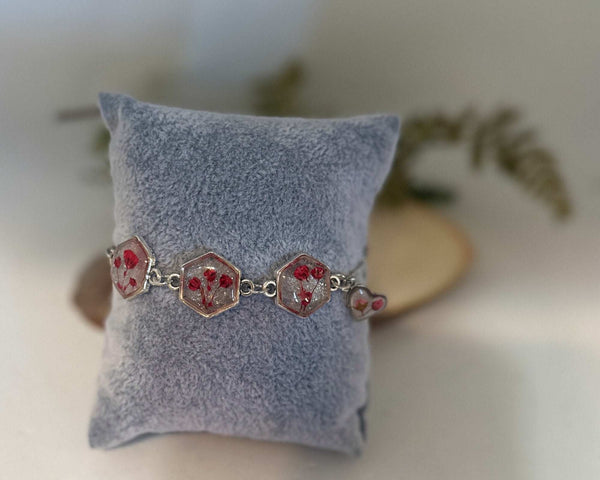 Red Floral Silver Hexagon Handmade Trio Bracelet with Dried Flowers