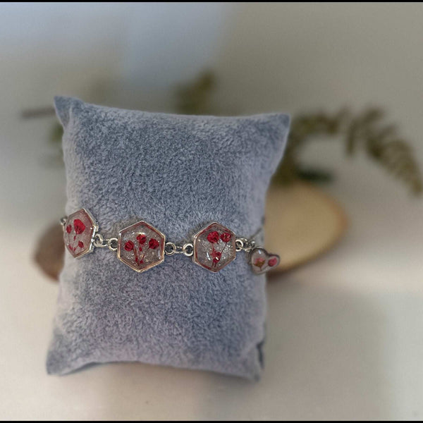 Red Floral Silver Hexagon Handmade Trio Bracelet with Dried Flowers