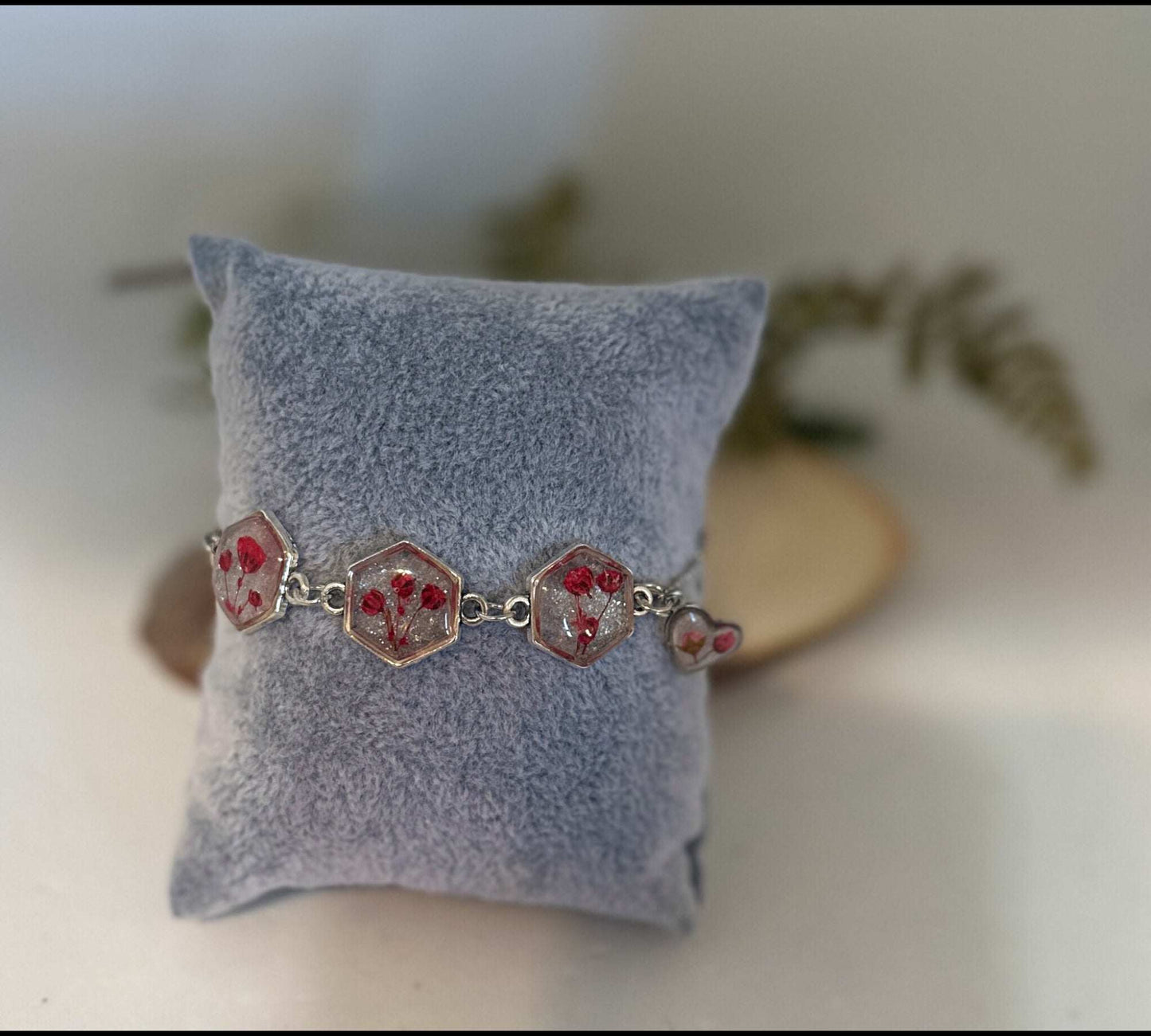 Red Floral Silver Hexagon Handmade Trio Bracelet with Dried Flowers