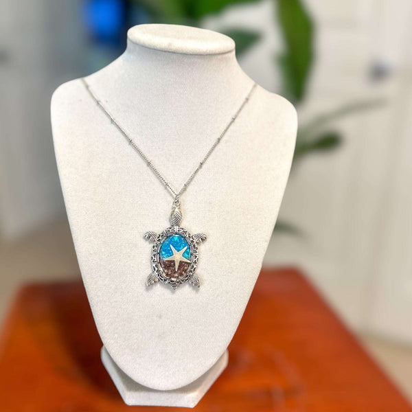 Oceanic Elegance: Turtle-Inspired Pendants with Real Seashells & Sand