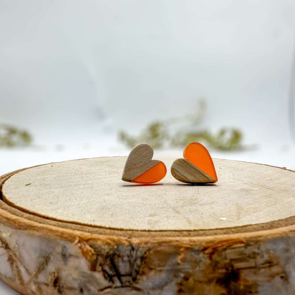 Heartfelt Boho Bliss: Whimsical Wood & Orange Resin Heart Earrings
