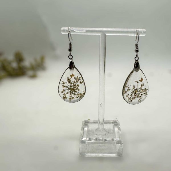 White Blossom Charm - Handmade Pressed Flower Resin Earrings