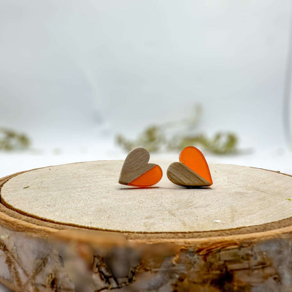 Heartfelt Boho Bliss: Whimsical Wood & Orange Resin Heart Earrings