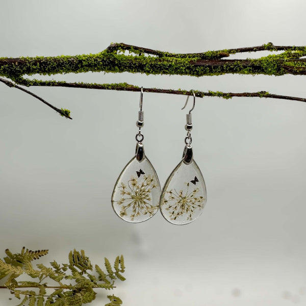 White Blossom Charm - Handmade Pressed Flower Resin Earrings
