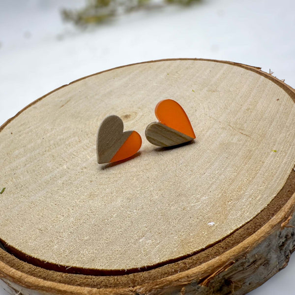 Heartfelt Boho Bliss: Whimsical Wood & Orange Resin Heart Earrings