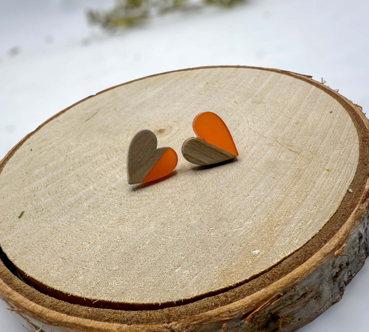 Heartfelt Boho Bliss: Whimsical Wood & Orange Resin Heart Earrings
