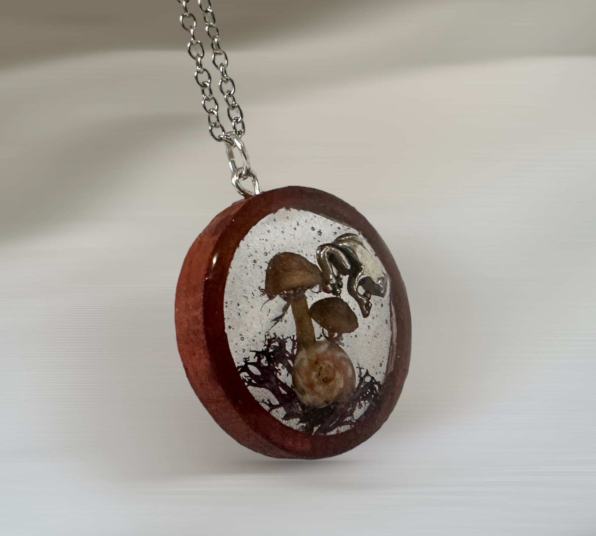 Nature Inspired Wooden Round Pendant - Frogs and Shrooms
