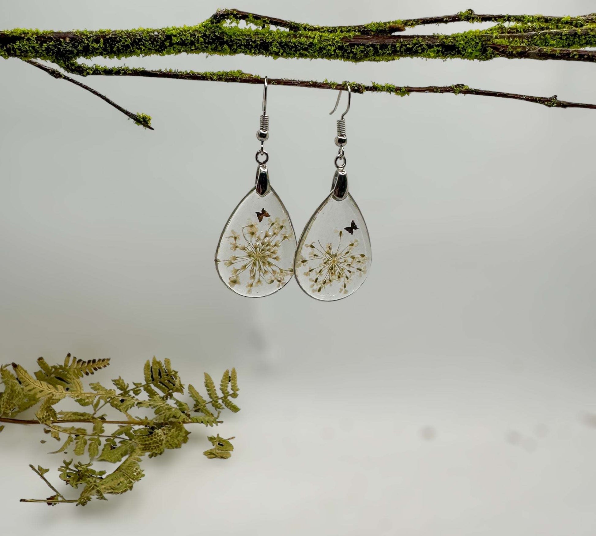 White Blossom Charm - Handmade Pressed Flower Resin Earrings