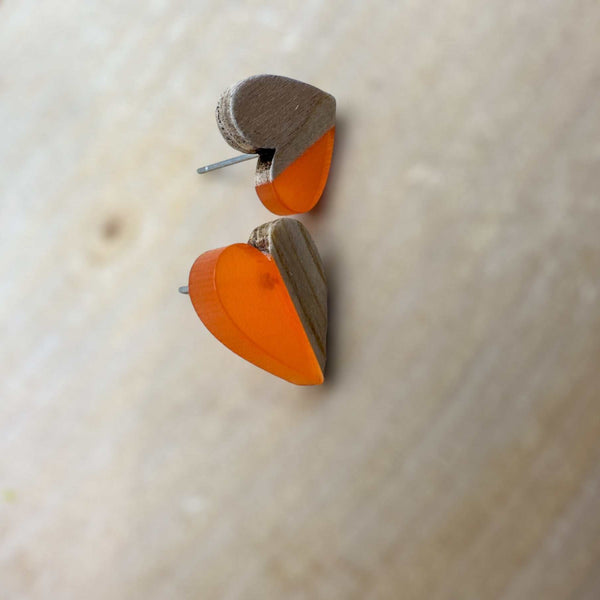 Heartfelt Boho Bliss: Whimsical Wood & Orange Resin Heart Earrings
