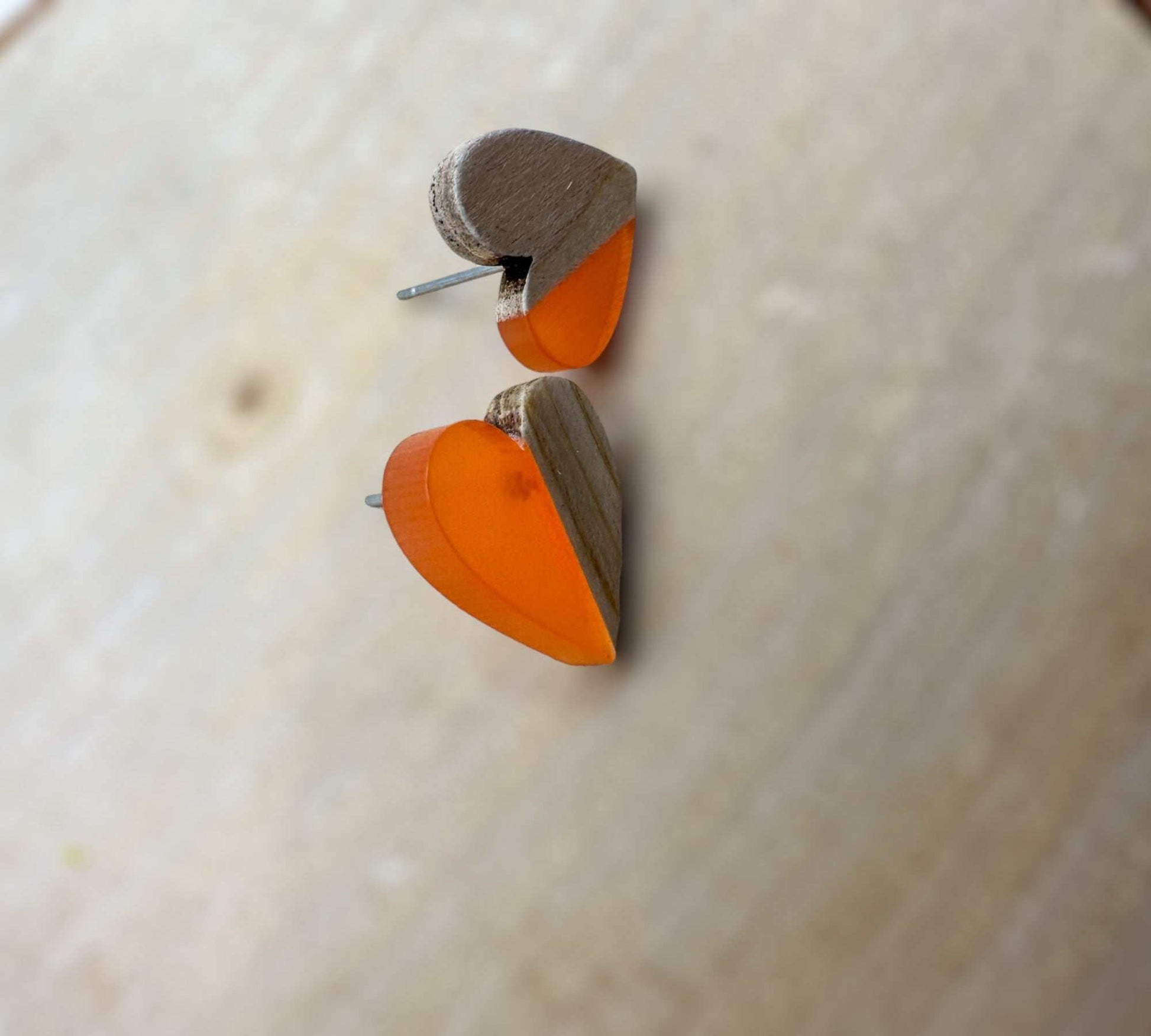 Heartfelt Boho Bliss: Whimsical Wood & Orange Resin Heart Earrings