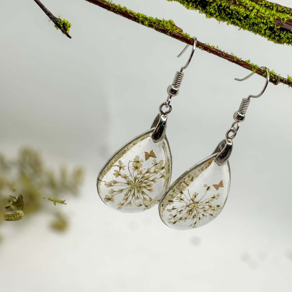 White Blossom Charm - Handmade Pressed Flower Resin Earrings