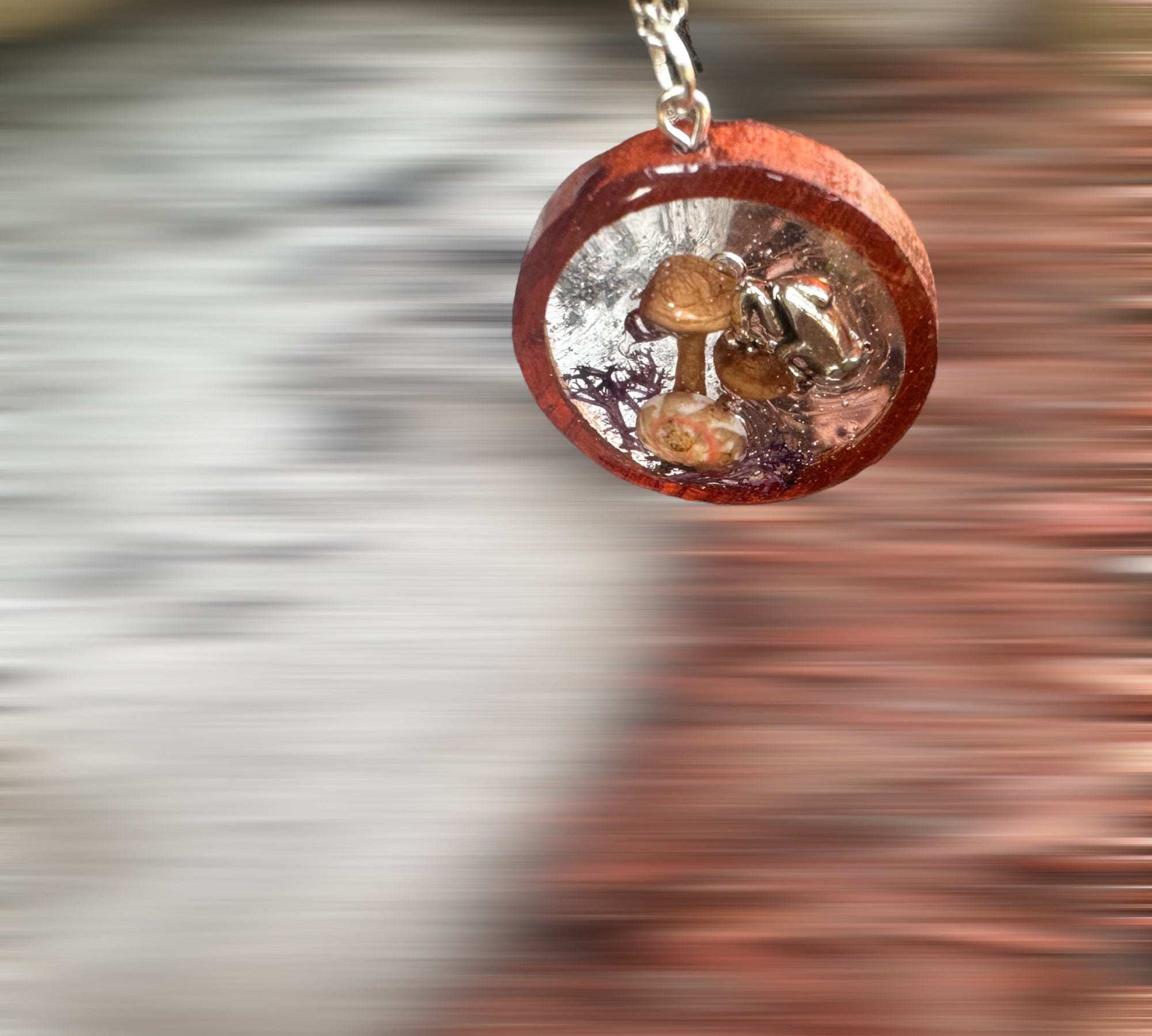 Nature Inspired Wooden Round Pendant - Frogs and Shrooms