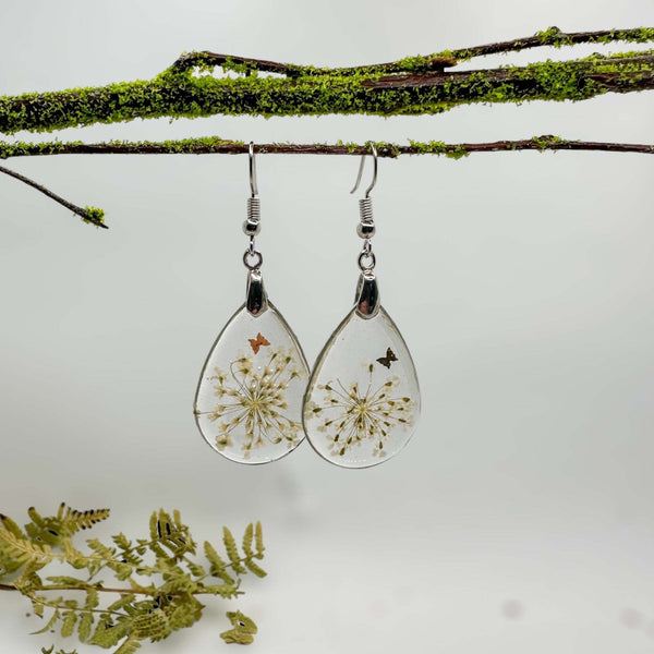 White Blossom Charm - Handmade Pressed Flower Resin Earrings