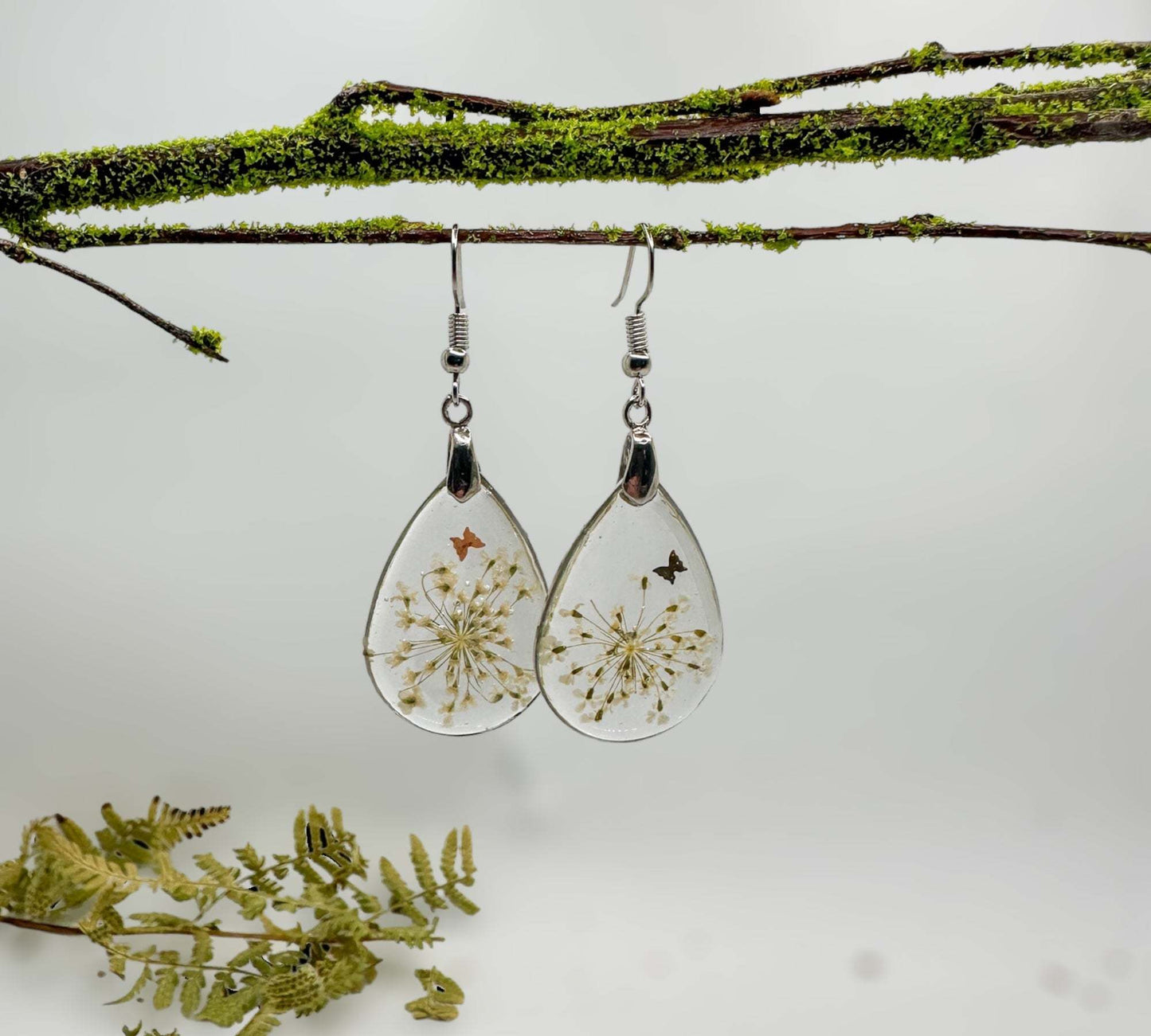 White Blossom Charm - Handmade Pressed Flower Resin Earrings