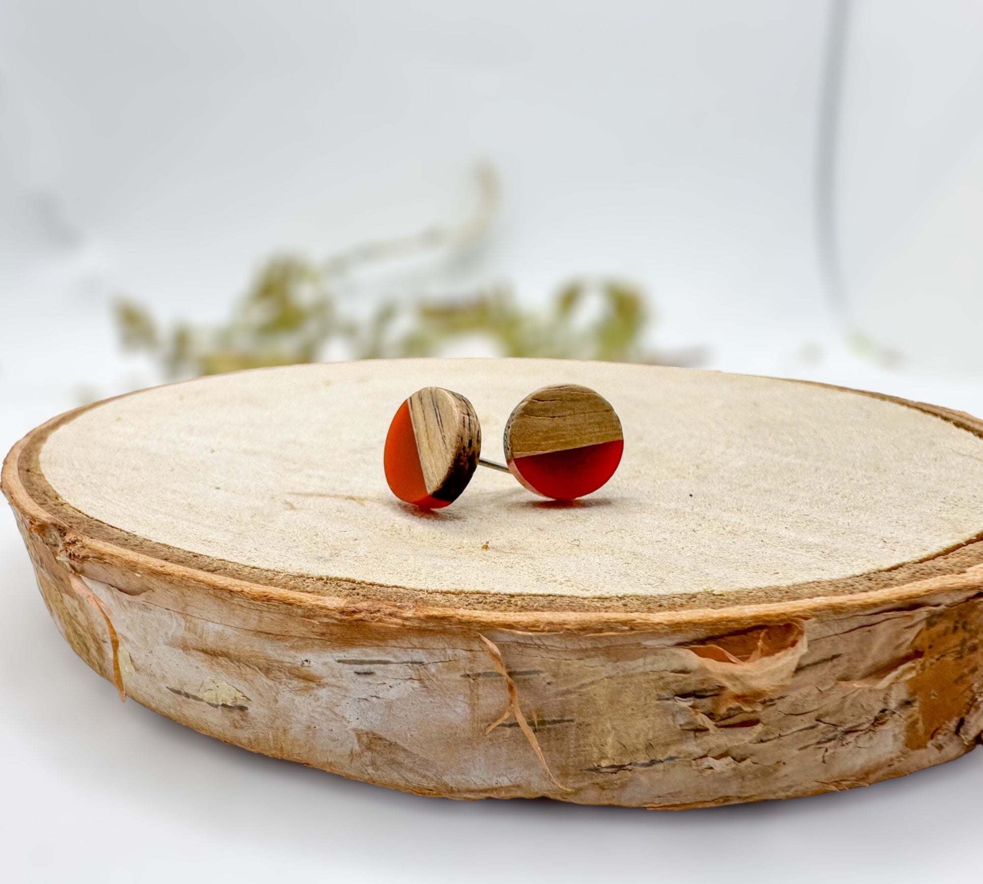 Boho Wood & Resin Stud Earring Set - Brown/Orange /Red Tones