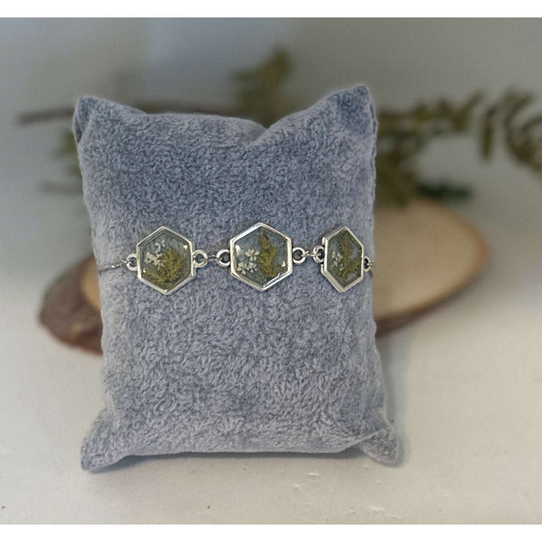 Fern Elegance: Silver Hexagon Handmade Trio Bracelet with Dried Flower