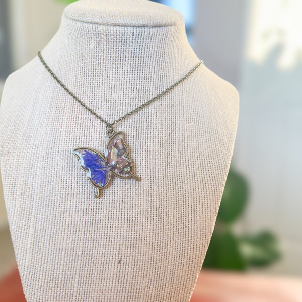 Butterfly Pendant - Dried Flowers & Petals with Mother of Pearl 