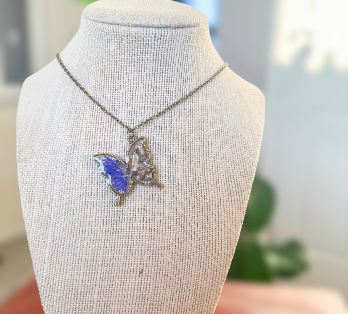Butterfly Pendant - Dried Flowers & Petals with Mother of Pearl 