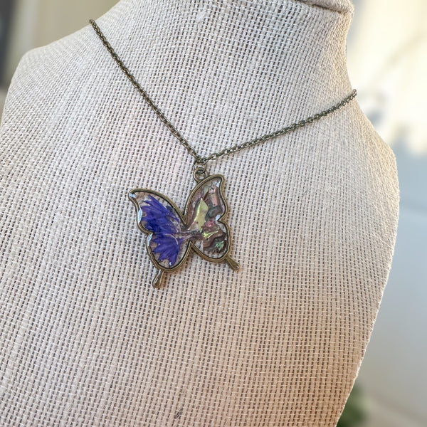 Butterfly Pendant - Dried Flowers & Petals with Mother of Pearl 