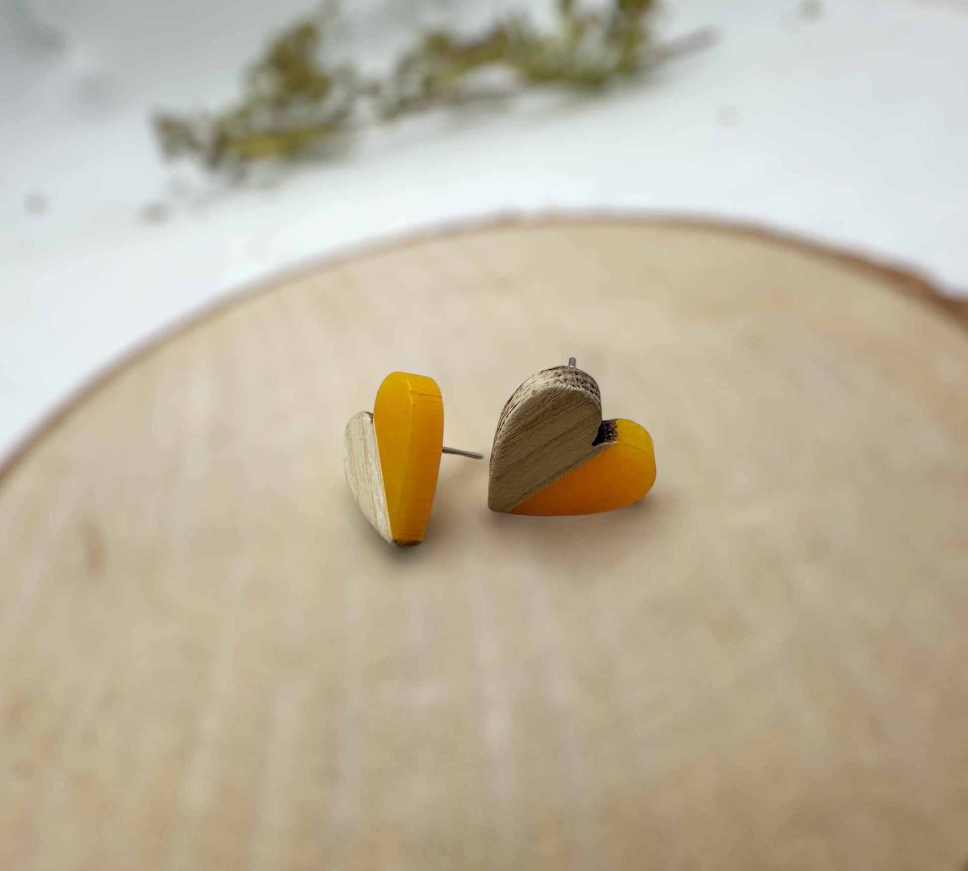 Heartfelt Boho Bliss: Whimsical Wood & Yellow Resin Heart Earrings