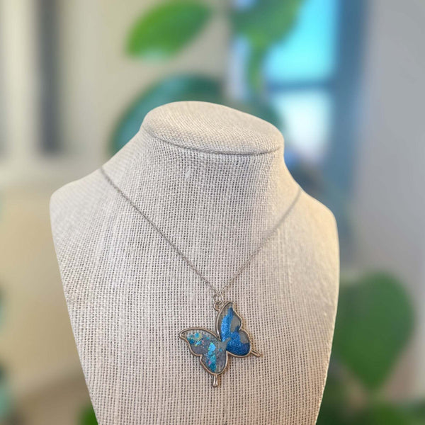 Butterfly Pendant - Dried Flowers & Petals with Mother of Pearl 