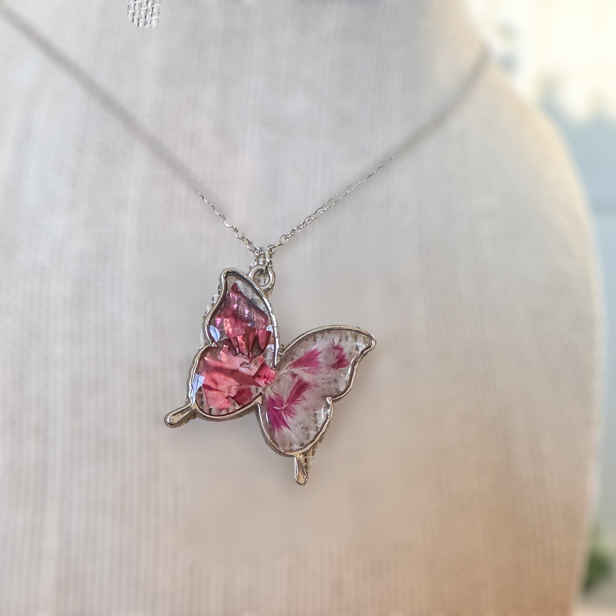 Butterfly Pendant - Dried Flowers & Petals with Mother of Pearl 