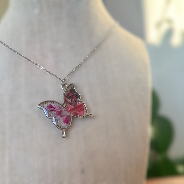 Butterfly Pendant - Dried Flowers & Petals with Mother of Pearl 