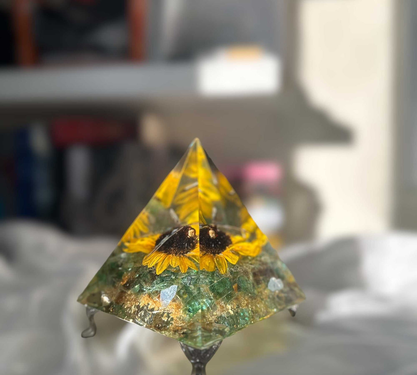 Dragonfly Pyramid Night Light: Sunflower & Dragonfly Resin Sculpture