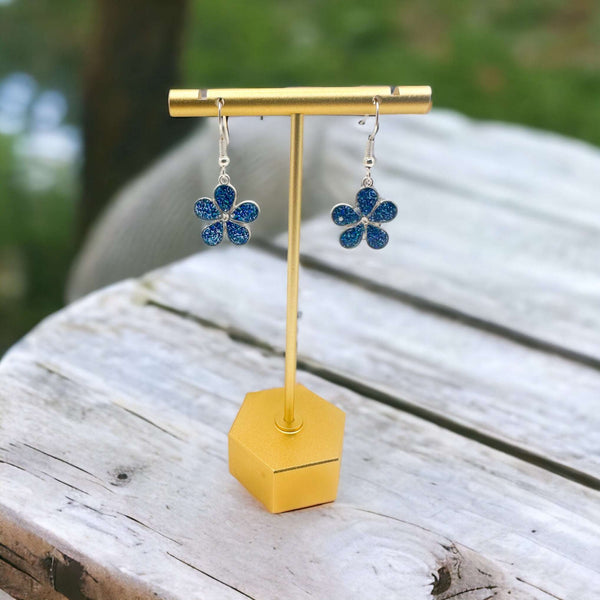 Flower Earrings - Blue Glitter & Silver Frame