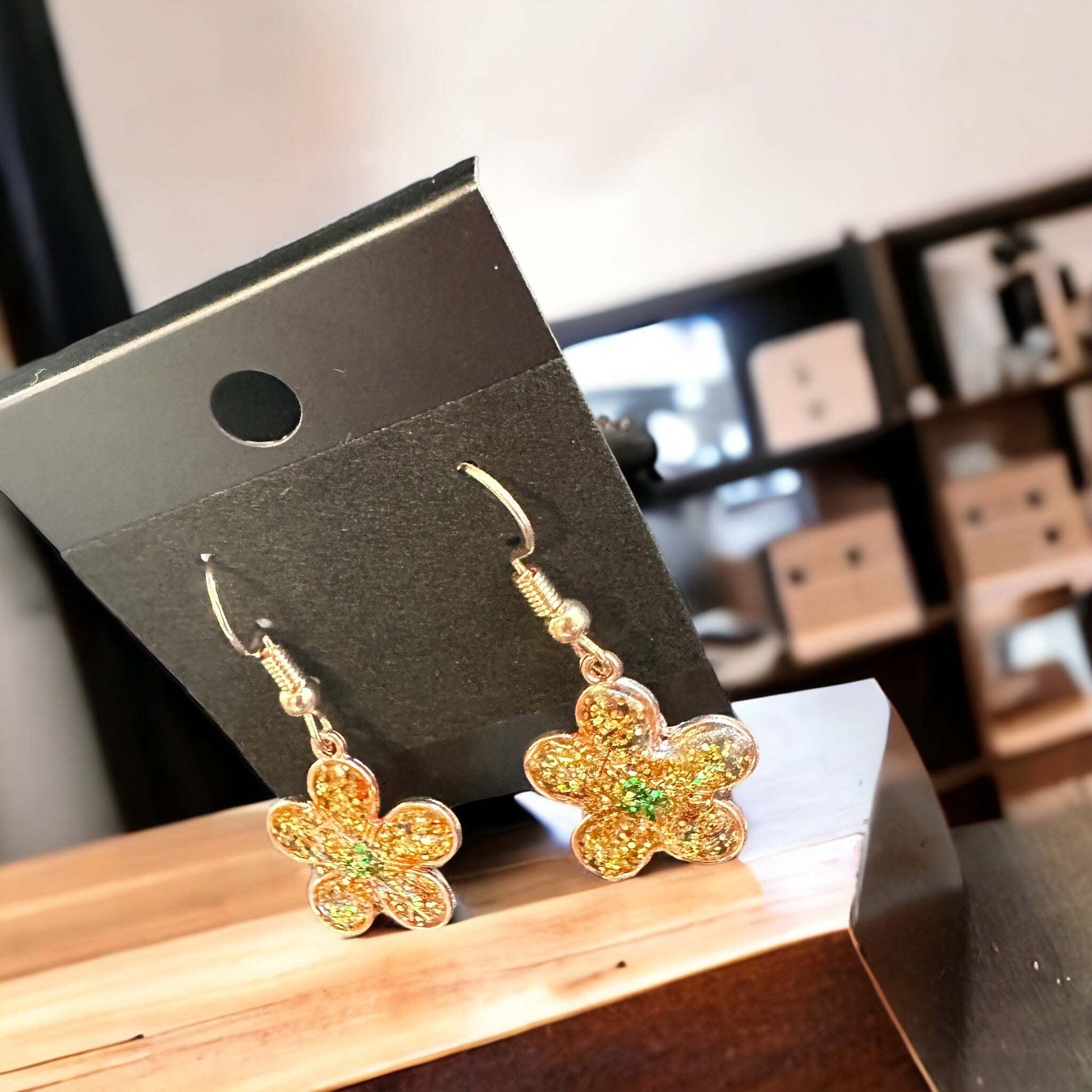 Earring Handmade Resin Flower Earring Set- Gold & Green Petals