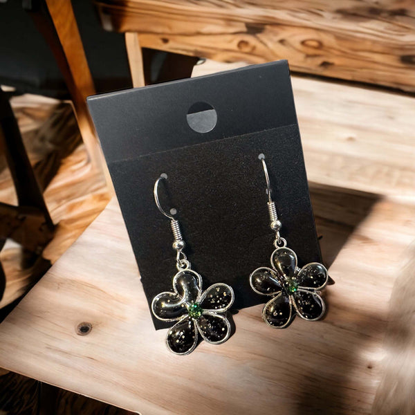 Earring Handmade Resin Flower Earring Set - Black and Silver Glitter