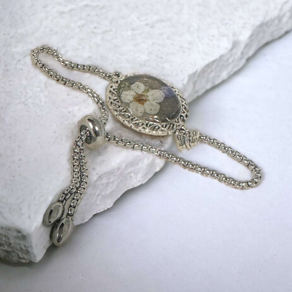 Bracelet Handmade with Dried Flower Accents & Silver Elegance 