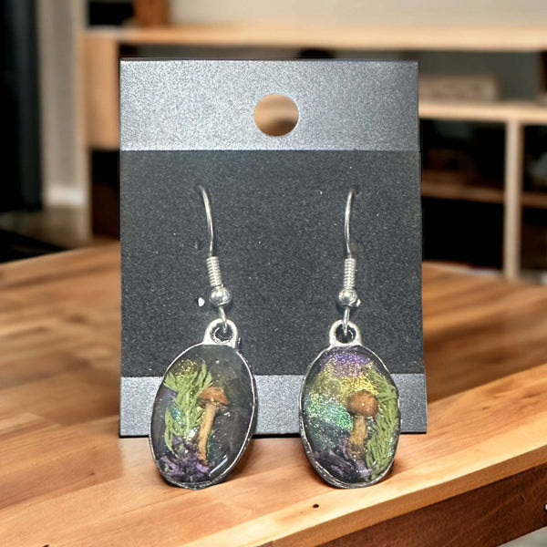 Mushroom Forest: Whimsical Drop Earring Set with Dried Botanicals