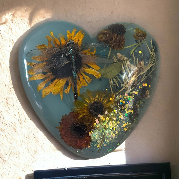 Dragonfly Heart Epoxy Resin Wall Art with Sunflower and a Dragonfly