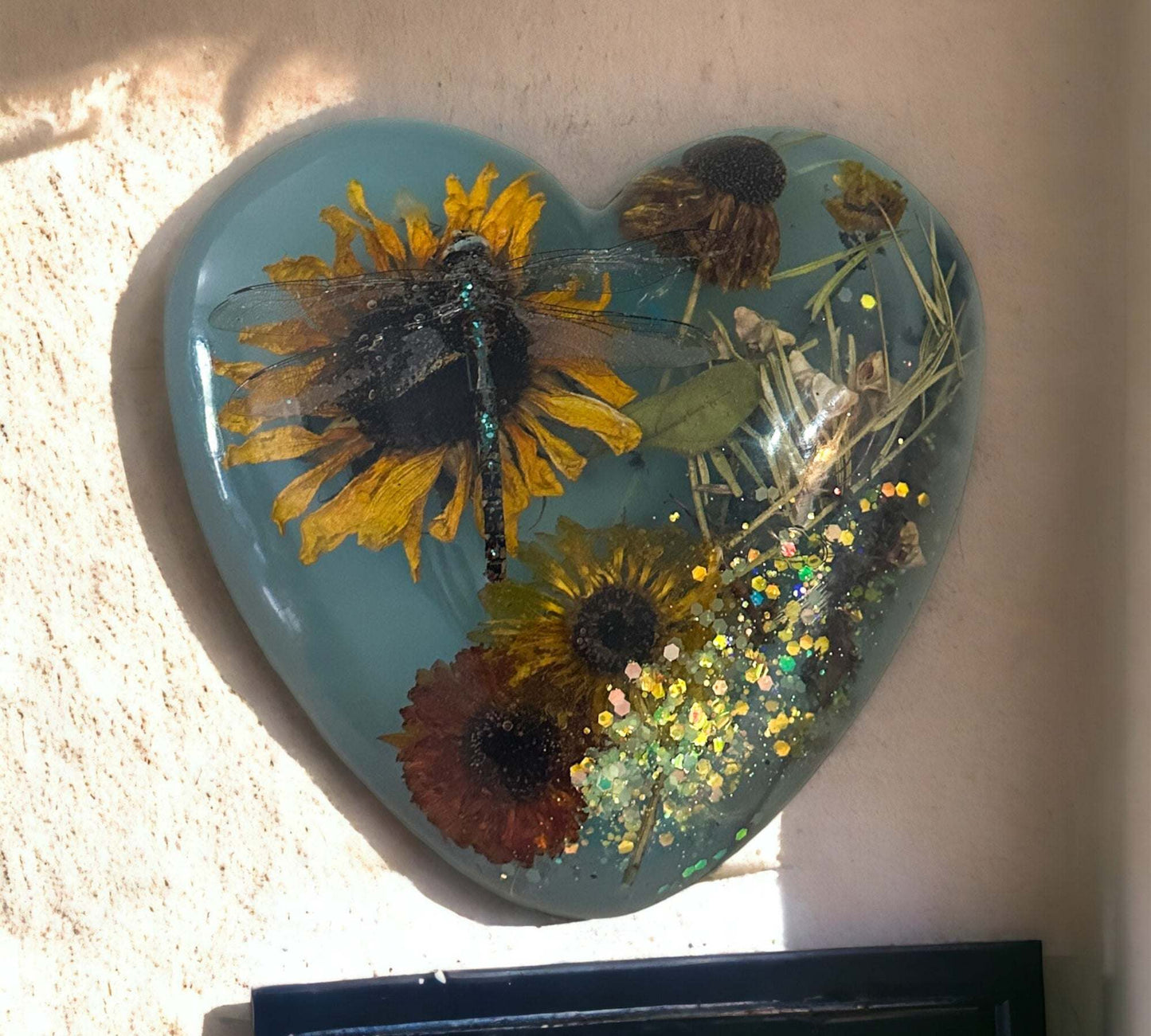 Dragonfly Heart Epoxy Resin Wall Art with Sunflower and a Dragonfly