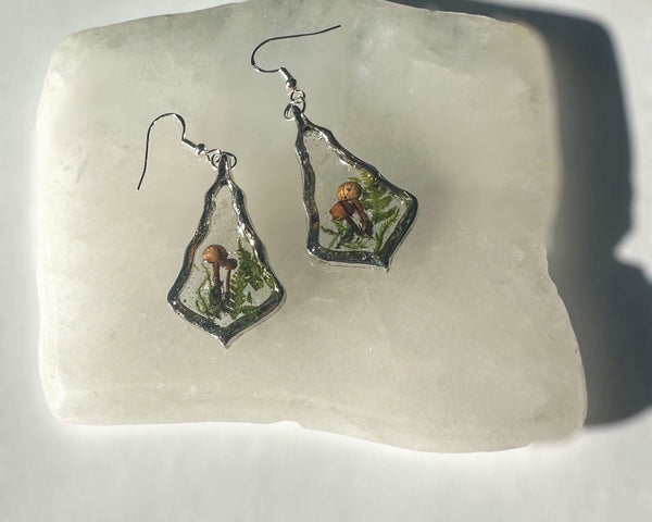 Mushroom Forest Handmade Silver Drop Earrings with Pressed Ferns