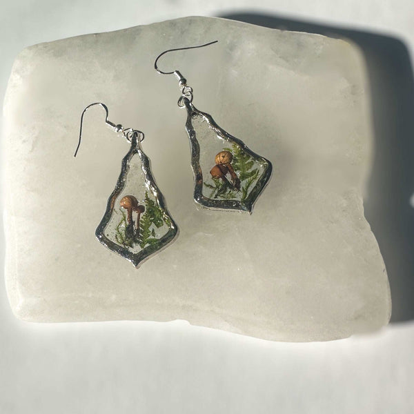 Mushroom Forest Handmade Silver Drop Earrings with Pressed Ferns