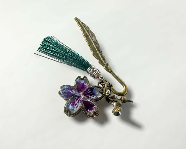 Bookmark - Flower Petal Bookmark with Hummingbird Charms