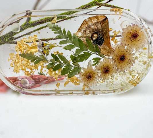 Pressed Flower Trinket Tray with Real Flowers and Gold Leaf