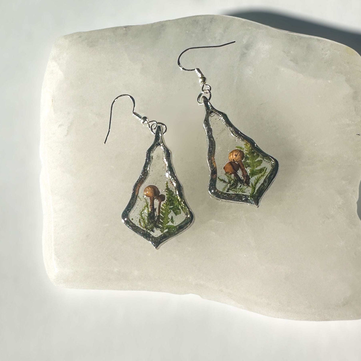 Mushroom Forest Handmade Silver Drop Earrings with Pressed Ferns