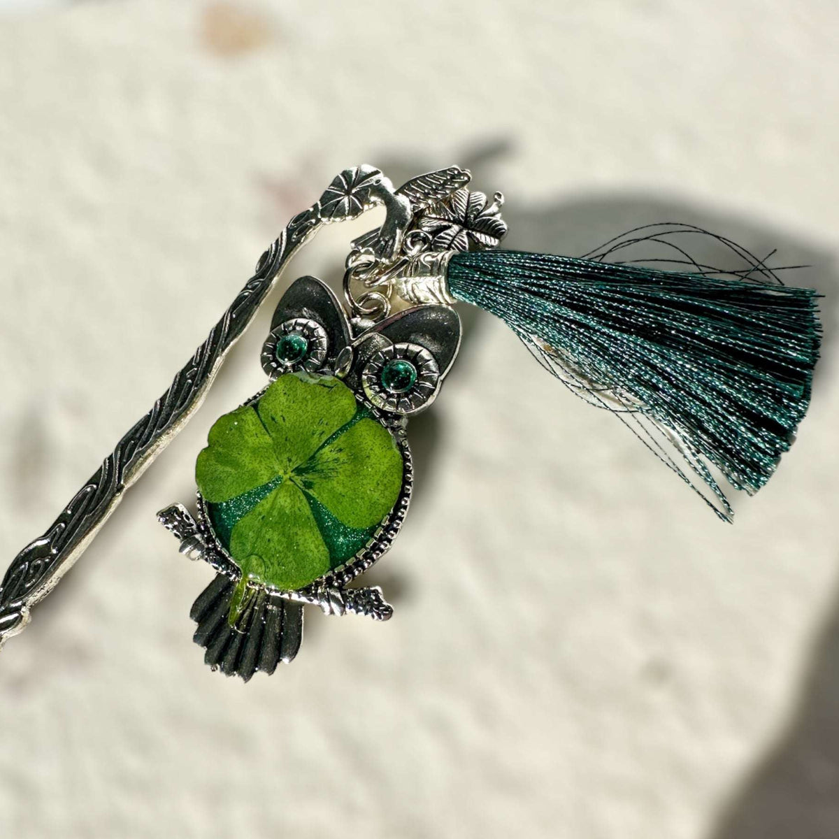 Bookmark - Lucky Owl Four Leaf pressed Clover Bookmark
