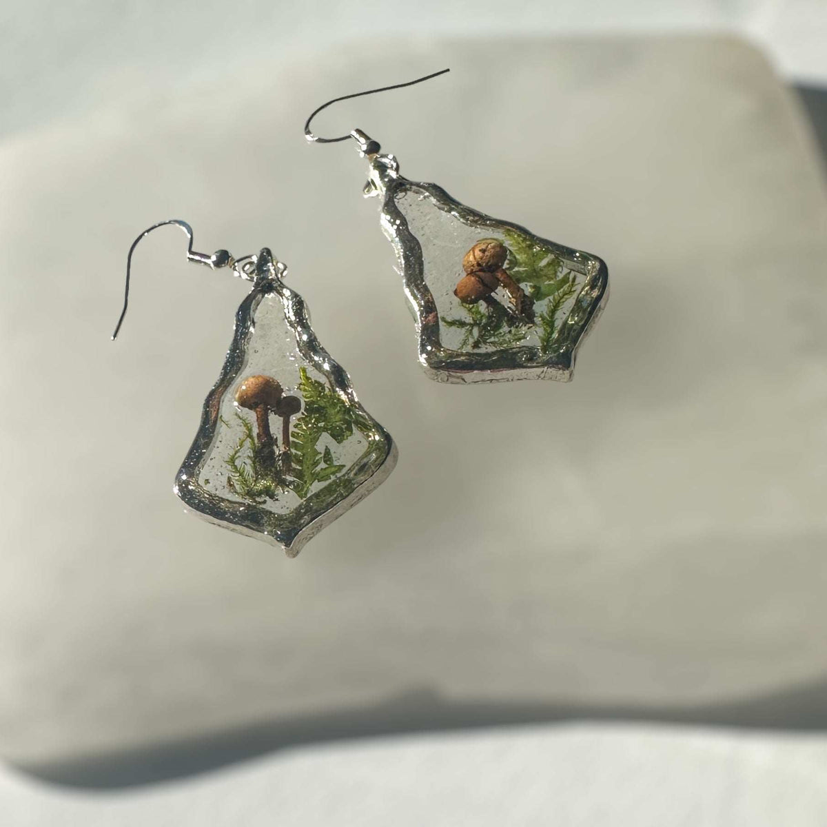 Mushroom Forest Handmade Silver Drop Earrings with Pressed Ferns