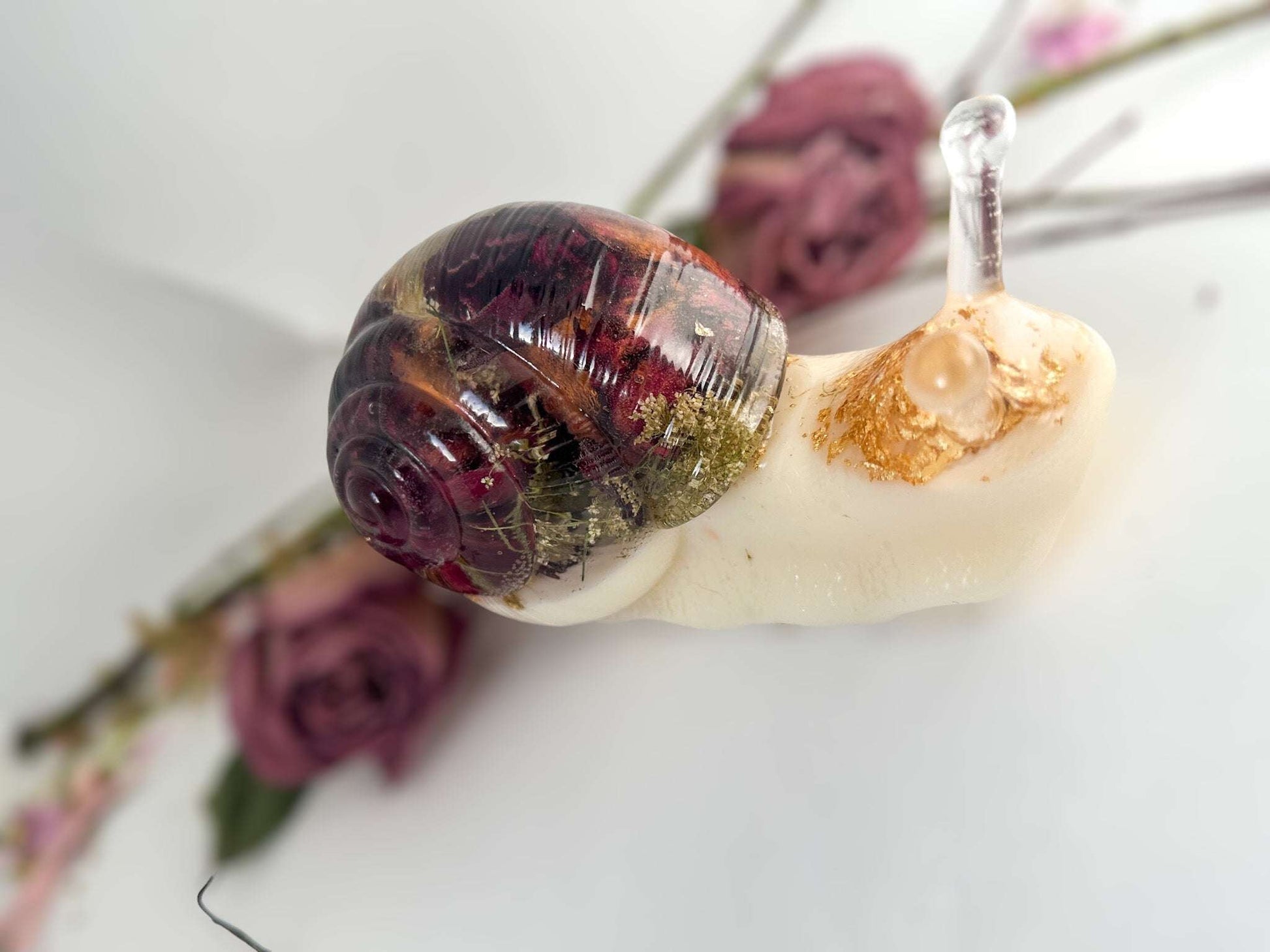 Whimsical Snail Decor with Real Red Roses – Charming Home Accents